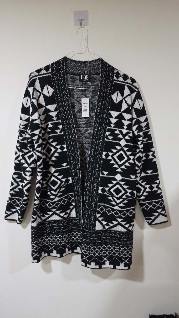 FRYE Women's Black and White Aztec Pattern Geometric Open Front Cardigan Sweater